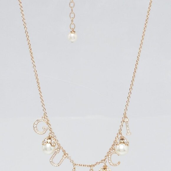Gucci Crystal Embellished and Faux Pearl Logo Necklace - Picture 1 of 8